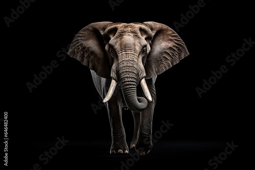 elephant walking with majesty and strength - impressive tusk with wrinkled skin - isolated on black background - generative ai