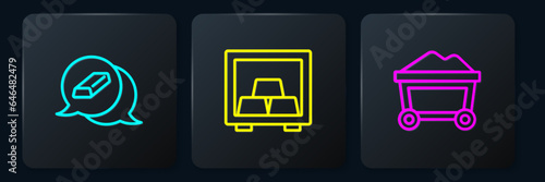 Set line Gold bars, Mine cart with gold and Safe. Black square button. Vector