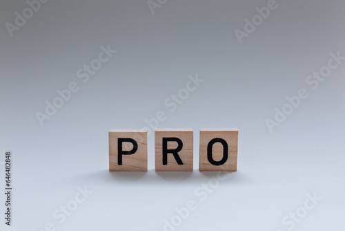 Isolated three wooden letter blocks spelling PRO, concept of professional, professionalism