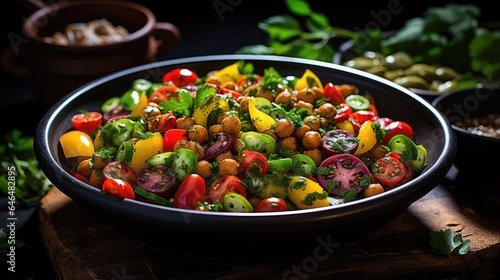 Vegetarian chickpea salad in a bowl, served on the table