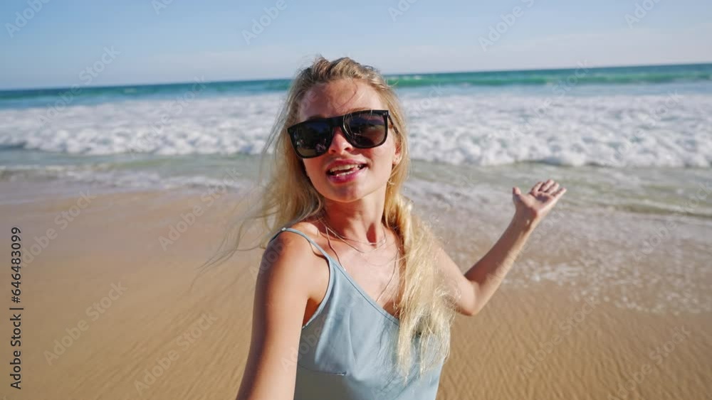 Women travels to tropical island and makes selfie video of herself about ocean view, nature and adventures. Female blogger records hot country landscapes and tells subscribers her emotions. Women travels to tropical island and makes selfie video of herself about ocean view, nature and adventures. Female blogger records hot country landscapes and tells subscribers her emotions.