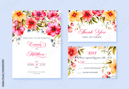 Watercolor Wedding invitation with wild flowers, thank you and rsvp cards, vector template.