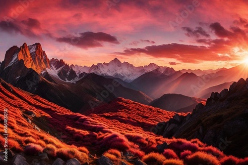 Canvas Print A panoramic view of a mountain range at sunrise, with the first light of day painting the peaks in shades of pink and orange