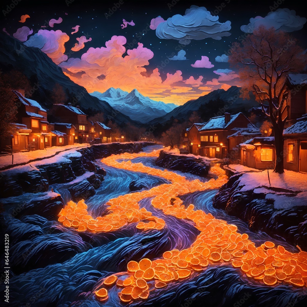 illuminated village around the river that full of orange peels 