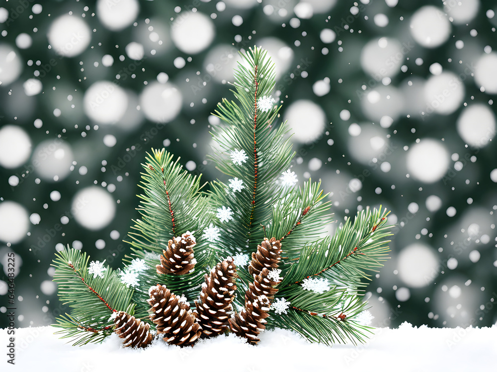 Winter Christmas background with snowy fir branches and pine cones in the forest. Christmas card. generative AI Winter Christmas background with snowy fir branches and pine cones in the forest. Christmas card. generative AI