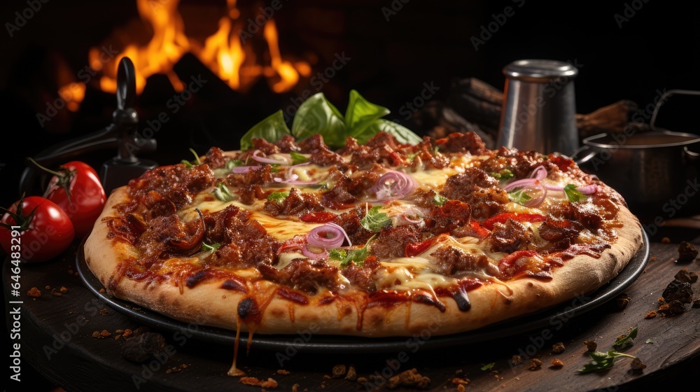 Warm meat pizza with delicious flavorful smoke Warm meat pizza with delicious flavorful smoke