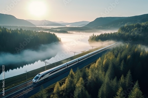 train passing a lake with fog in the morning hours - transportation and nature - sustainable rail transport - drone shot of high speed train - generative ai 