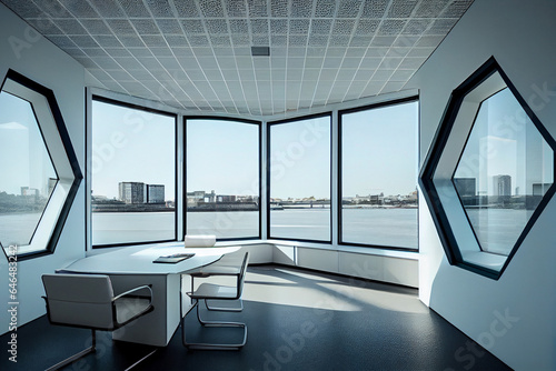 Large bright office space with glass hexagonal panoramic windows and glass partitions between offices. AI generative.