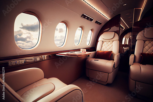 The cabin of a private small jet aircraft. Interior with leather armchairs and a sofa. © serperm73
