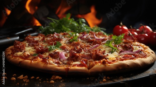 Warm meat pizza with delicious flavorful smoke
