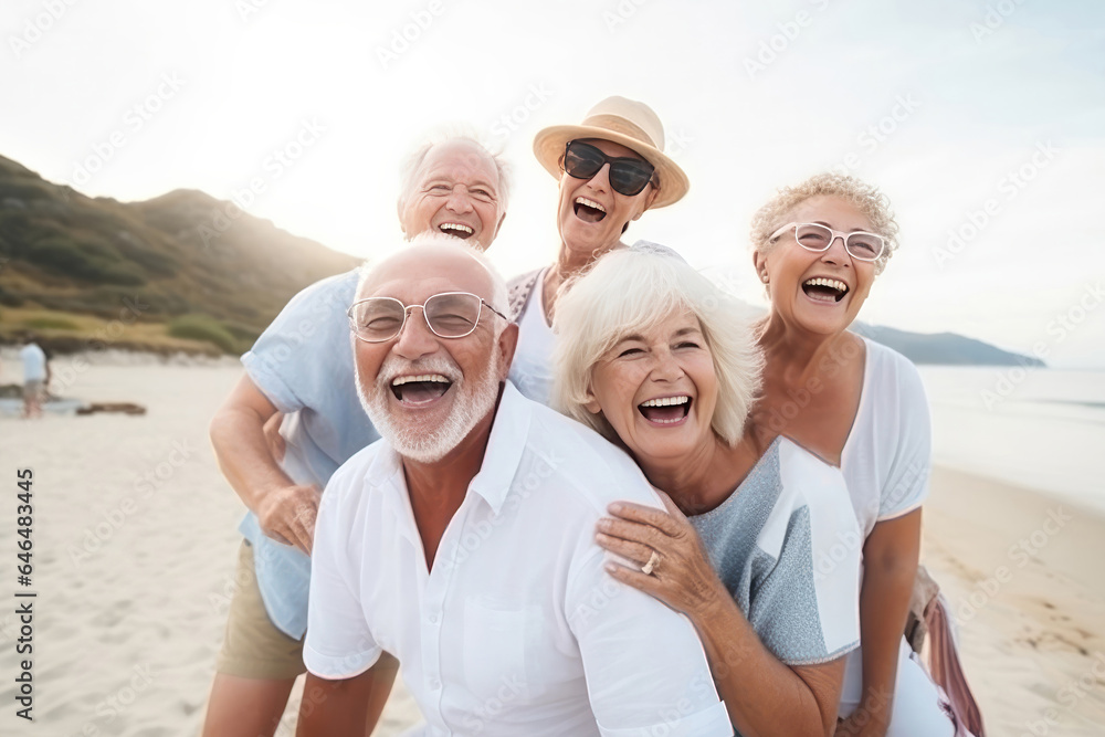 A group of elderly travelers smiling at the camera on a beach. A group of elderly travelers smiling at the camera on a beach.