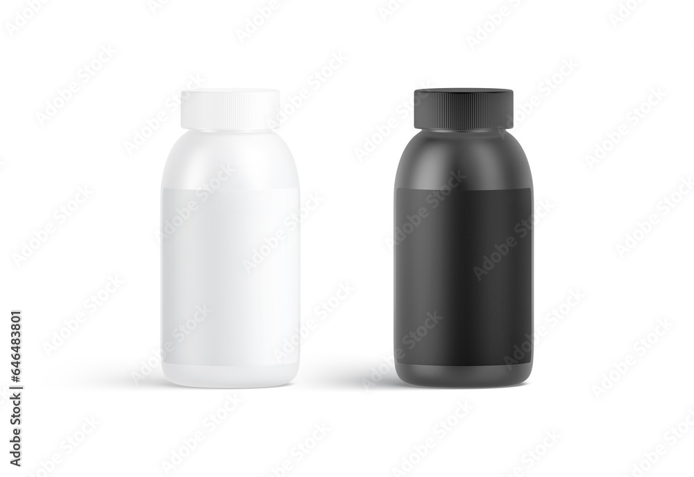 Blank black and white nutrition bottle with label mockup, isolated Blank black and white nutrition bottle with label mockup, isolated