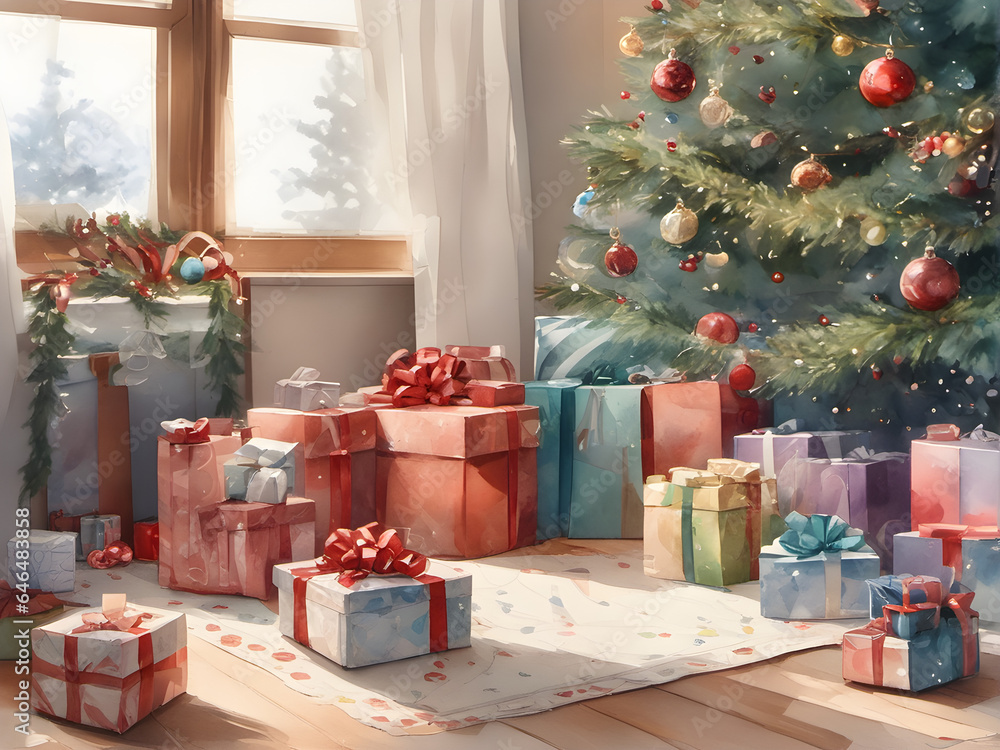 watercolor illustration of beautiful Christmas gift boxes on the floor near the Christmas tree in the room. Gifts for Christmas and New Year. generative AI watercolor illustration of beautiful Christmas gift boxes on the floor near the Christmas tree in the room. Gifts for Christmas and New Year. generative AI