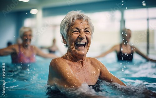 Elderly happy and smiling women do aqua aerobics in the indoor pool © Giordano Aita