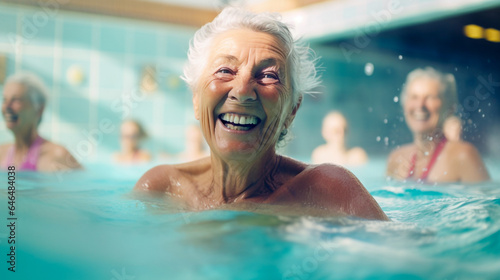 Elderly happy and smiling women do aqua aerobics in the indoor pool © Giordano Aita