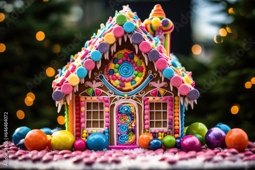 Gingerbread house covered in colorful candies