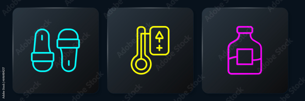 Set line Sauna slippers, Bottle of vodka and thermometer. Black square button. Vector Set line Sauna slippers, Bottle of vodka and thermometer. Black square button. Vector
