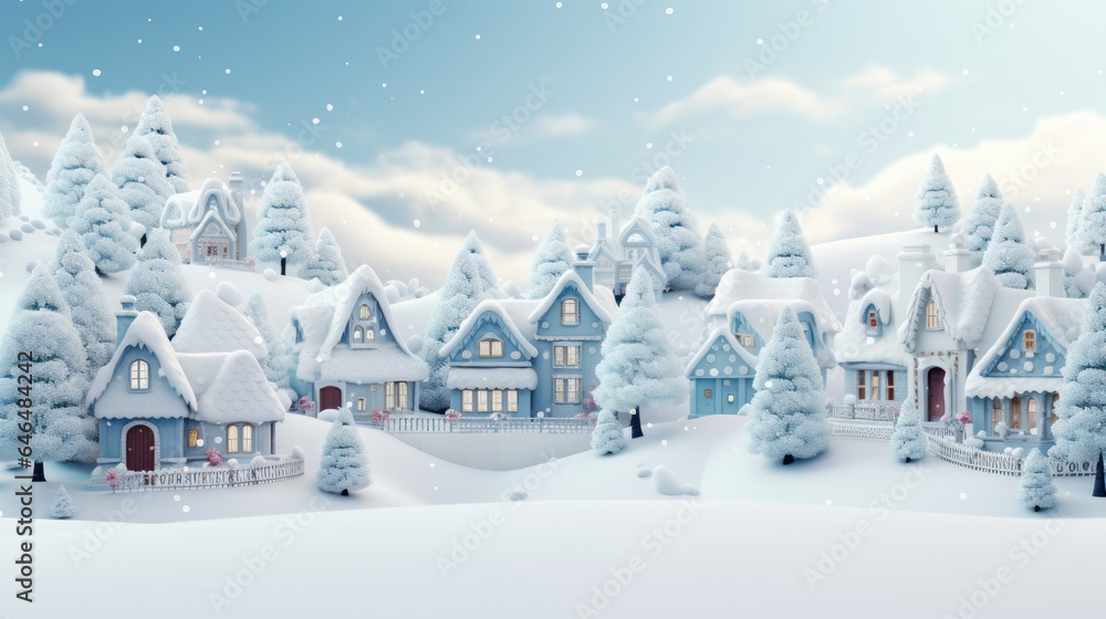 Christmas card, village houses in winter snow landscape, snowflakes falling from sky