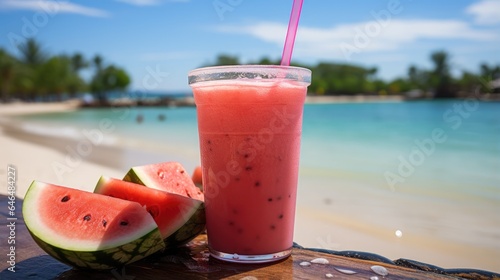 Watermelon juice in a glass is served on a beachside table
