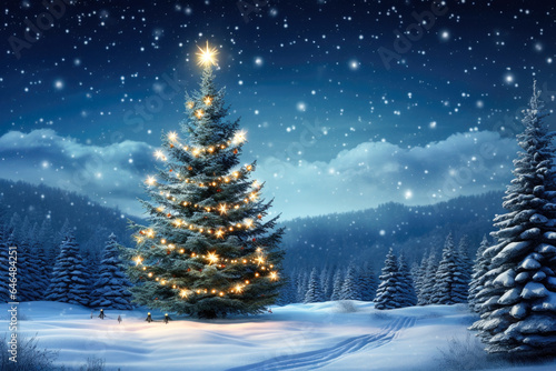 Shiny Christmas tree under starlight
