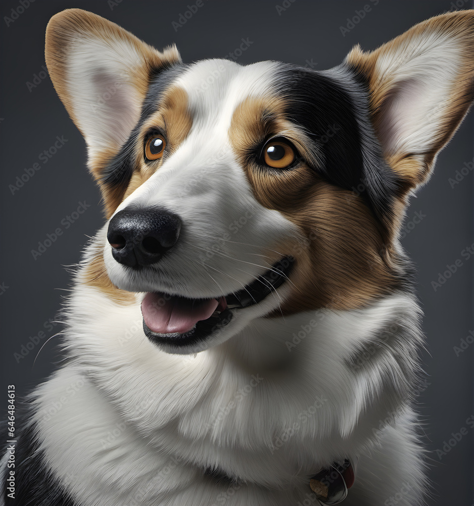 Corgi dog close-up. Professional studio portrait of corgi cardigan. Cute corgi. generative AI