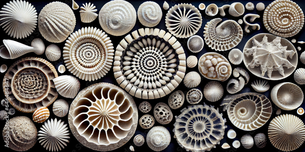 A beautiful geometric pattern made from a variety of seashells. Abstract illustration.