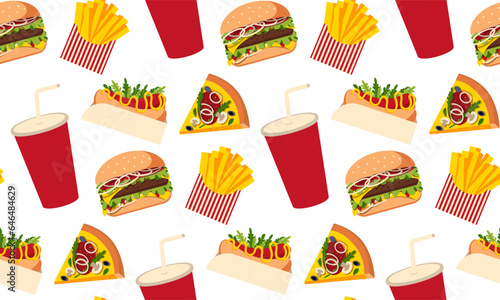 Fast food seamless pattern. Vector background with burger, hod dog, pizza, glass with straw, piece of pizza, french fries. Fast food illustration in flat style.