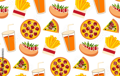 Fast food seamless pattern. Vector background with burger, hod dog, pizza, glass with straw, piece of pizza, french fries. Fast food illustration in flat style.