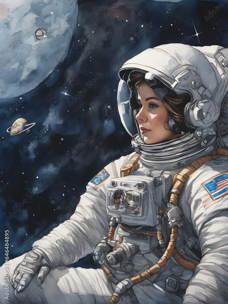 Woman astronaut. Female astronaut in a space suit in outer space. generative AI Woman astronaut. Female astronaut in a space suit in outer space. generative AI