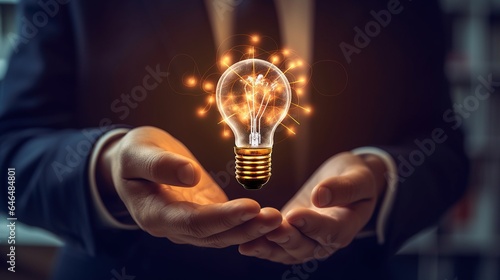 Businessman holding light bulb. AI generated image