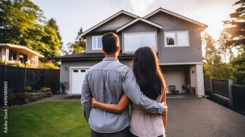 Happy young couple standing with their backs in front of their new home, husband and wife buying a new home, Generative AI 