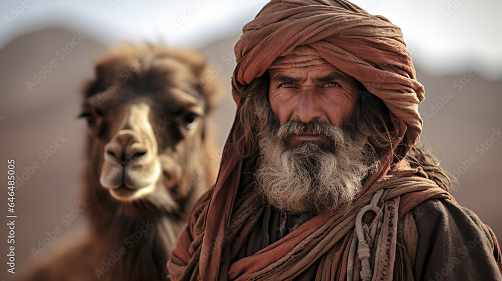Elderly man in a turban with a camel