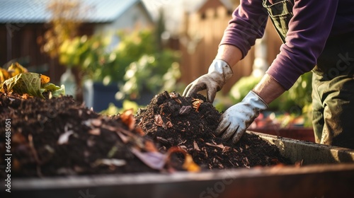 Obraz na płótnie Person composting food waste in backyard compost bin garden