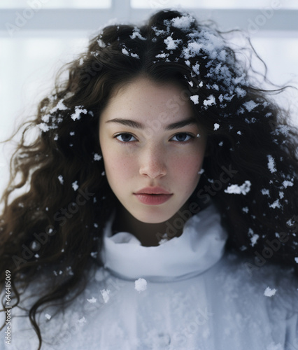 Portrait of young beautiful woman in snowfall, cold winter season
