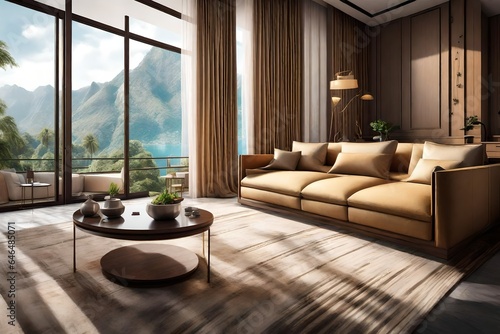 closeup and natural view,  one bad room of the hotal, luxery sofa without table, curtain of silk,landscap view out side othe window, all thing attrective photo