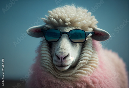 Sheep with pink wool wearing sunglasses. AI Generated ©  iiulia