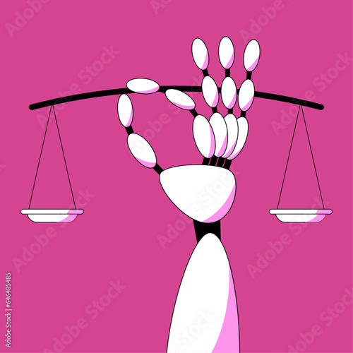 Regulation of legislation in the field of artificial intelligence and ethics. A robot's hand holds a scale. Moral and legal policy in the use of technology. Flat vector illustration.