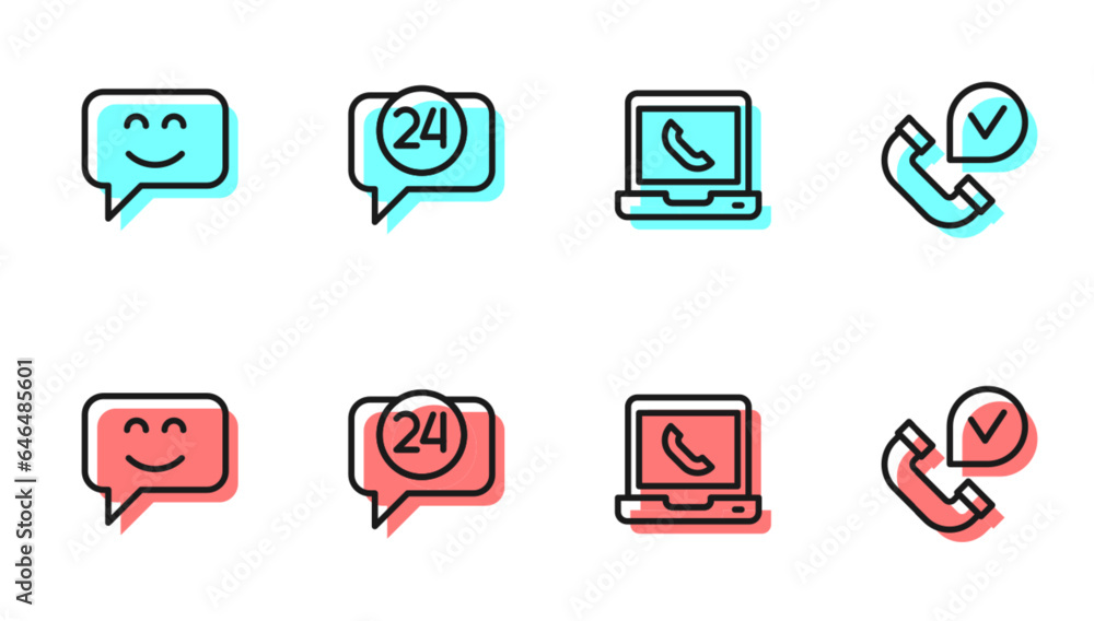 Set line Telephone 24 hours support, Smile face, and handset icon. Vector