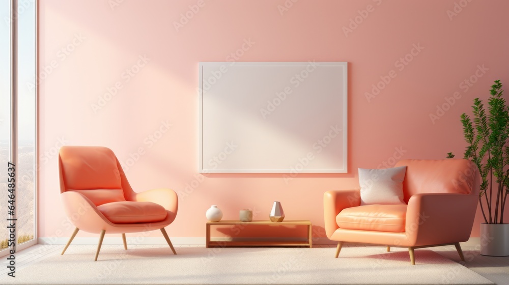Stylish minimalist monochrome interior of modern living room in pastel orange and beige tones. Trendy armchairs, coffee table, plant, poster template. Creative interior design. Mockup, 3D rendering.