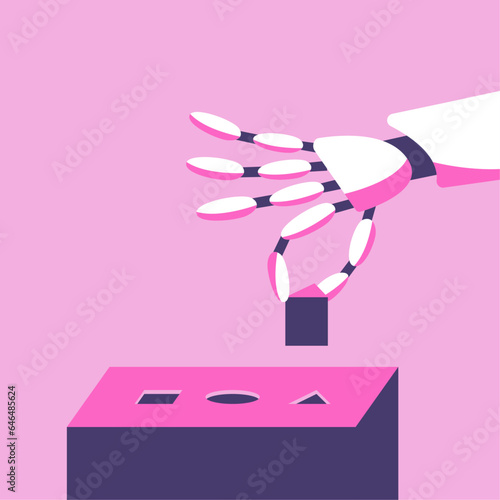 The robot sorts geometric shapes close-up. Machine learning and recognition. Flat vector illustration.