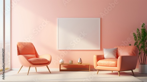 Stylish minimalist monochrome interior of modern living room in pastel orange and beige tones. Trendy armchairs, coffee table, plant, poster template. Creative interior design. Mockup, 3D rendering.