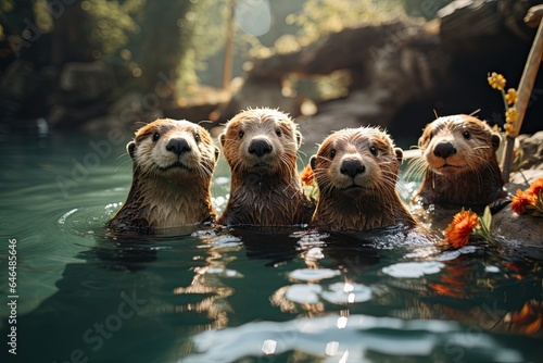 Otter Family Aquatic Ensemble - Water Whiskers and Playful Glances - Generative AI