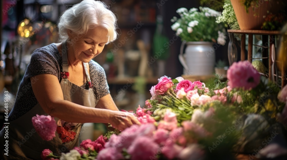 Elderly friendly woman florist in a flower shop. A woman prepares bouquets