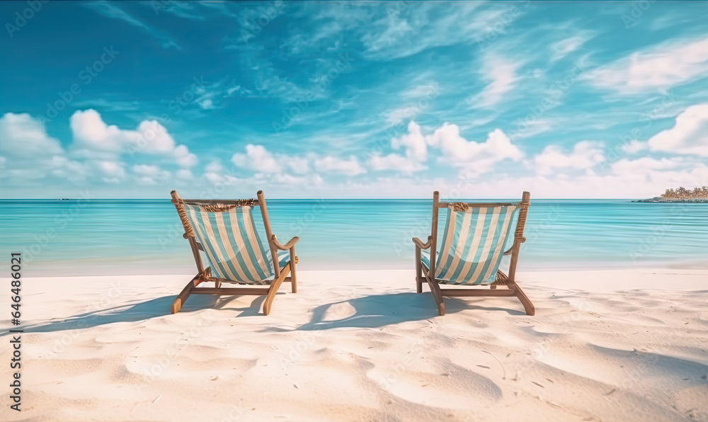 Tropical landscape with sun beds of the beach. Vacation on a beautiful island. For banner, postcard, book illustration. Tropical landscape with sun beds of the beach. Vacation on a beautiful island. For banner, postcard, book illustration.
