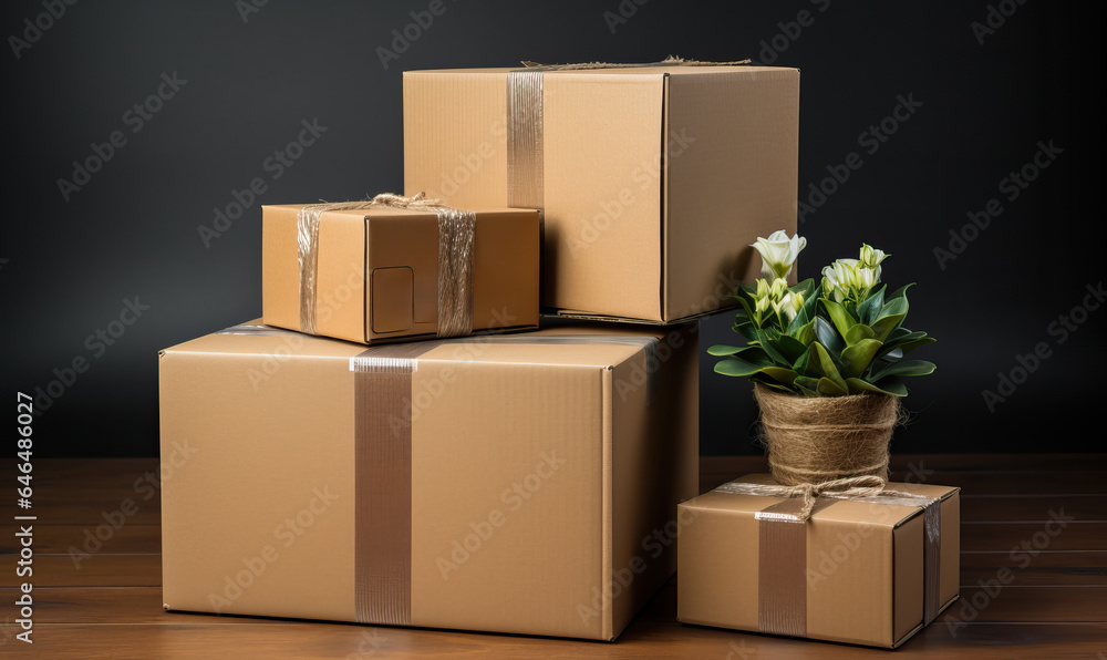A group of closed cardboard boxes on a table. A group of closed cardboard boxes on a table.