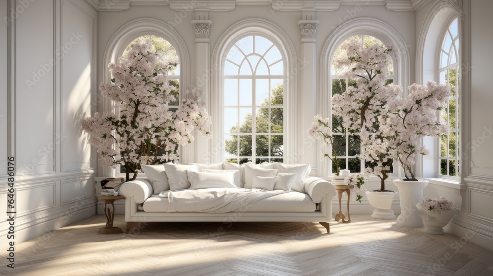 Interior of modern classic living room. White walls with stucco, hardwood floor, stylish comfortable sofa, decorative blooming trees in floor vases. Arched windows with garden view. 3D rendering.
