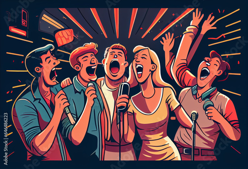Cartoon illustration, a group of people sings in karaoke. Comic style. AI generative.