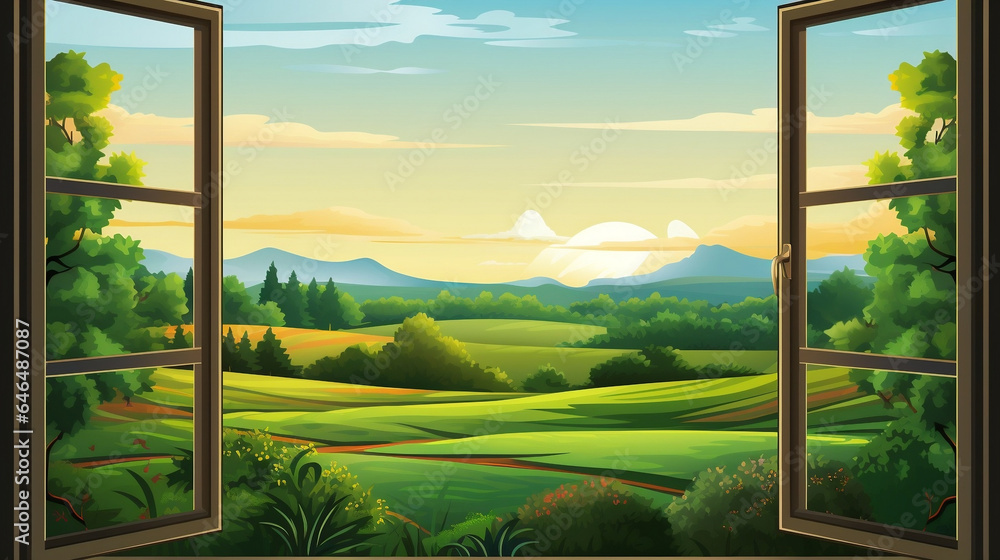 Fototapeta premium Beautiful landscape from the window of a house in spring