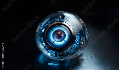 The blue sphere is in the form of an eye camera. Abstract future background. Blue glass ball