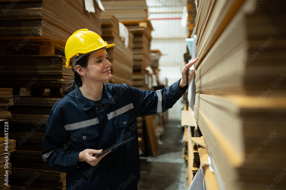 A young female warehouse worker checks and counting cardboard boxes in the warehouse using a digital tablet. A young female warehouse worker checks and counting cardboard boxes in the warehouse using a digital tablet.